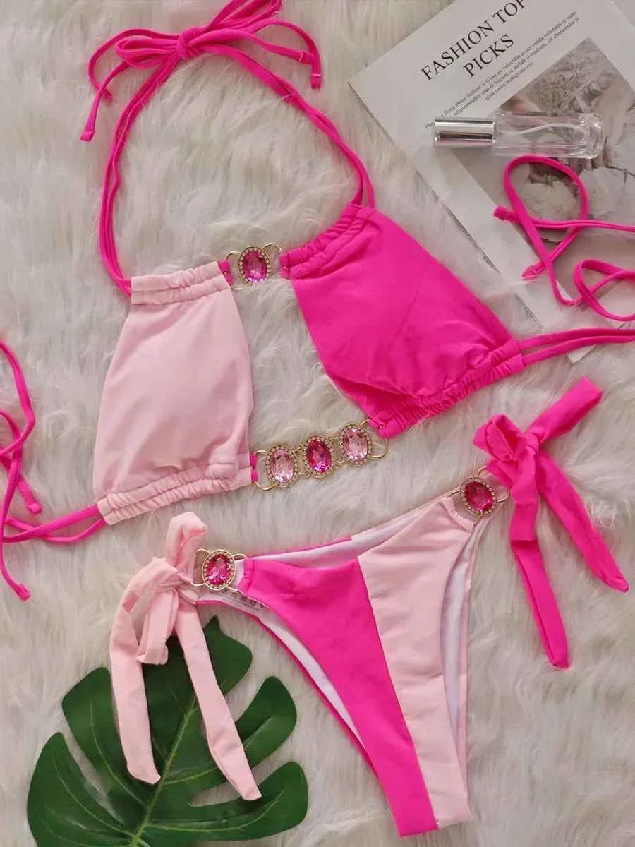 2026 Splicing Halter Diamond Bikini Women Swimsuit Female Swimwear Two Pieces Bikini Set Hollow Out Bathing Suit Swim Beach Wear