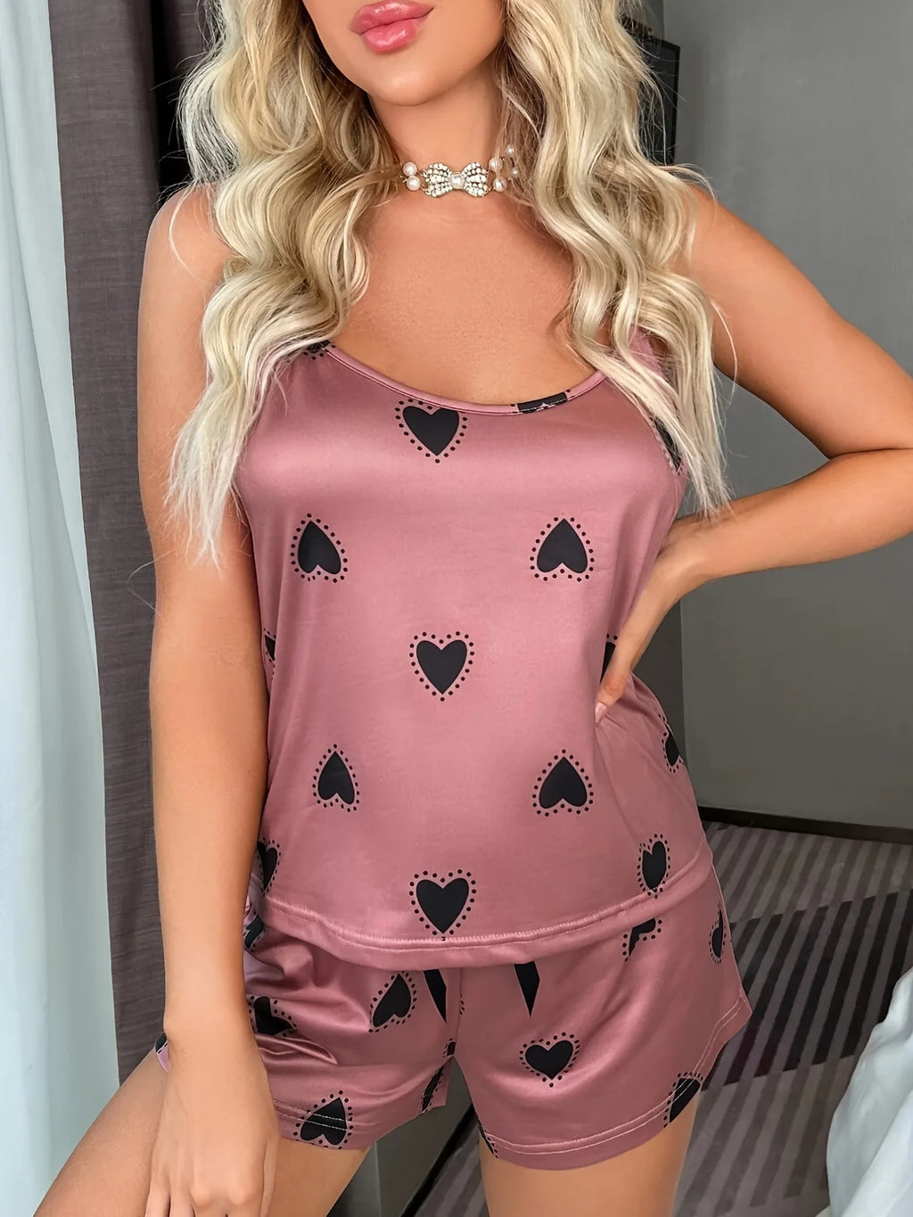 Cozy Satin Heart And Letters Print Lounge Set For Women Sleeveless Top And Soft Elastic Shorts For Summer Sleepwear And Pajama