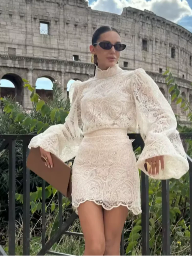 White Lace Dresses Elegant Solid Flared Sleeve High Neck Slim Pleat Mini Women Dress 2026 New Fashion Club Evening  Party Robes