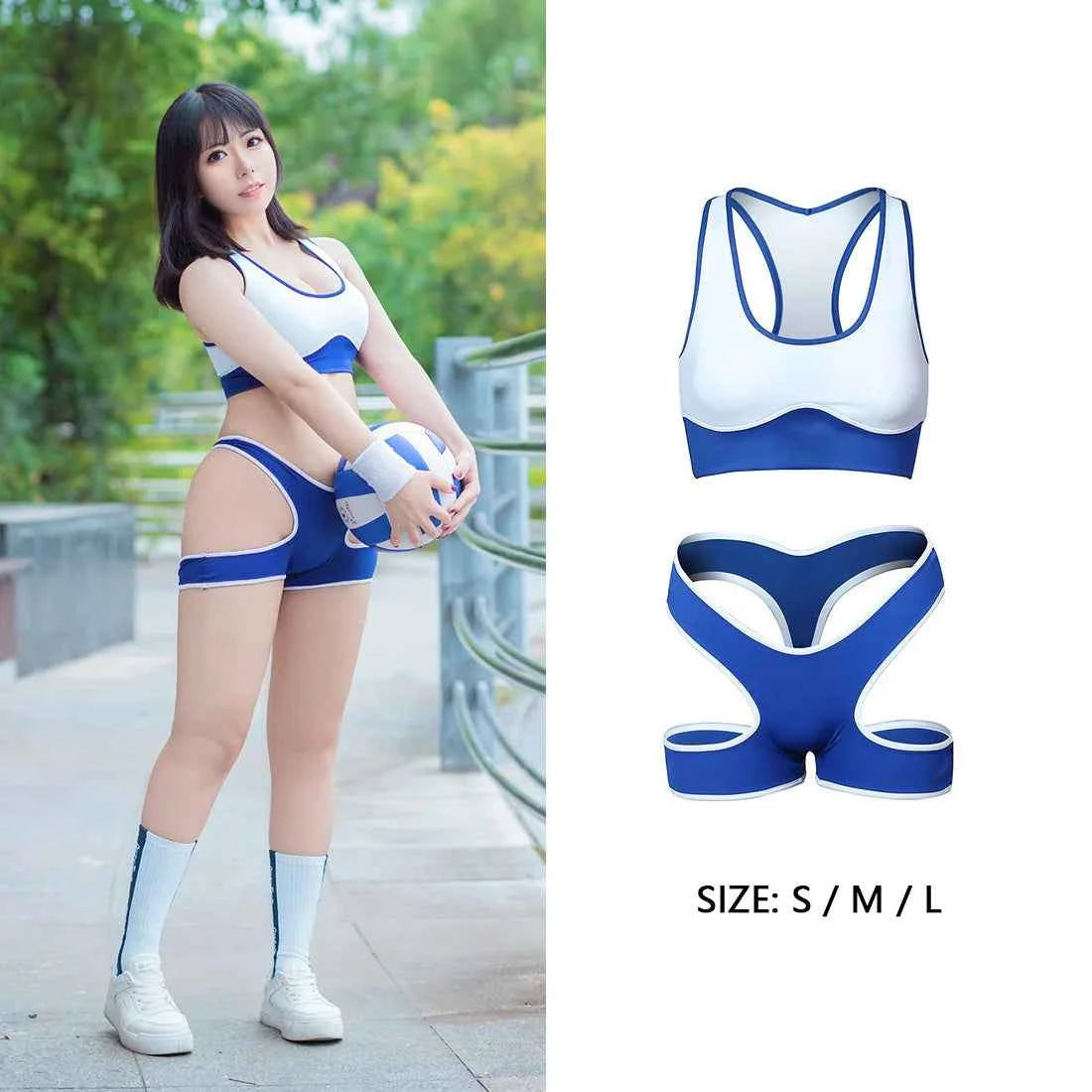 Sexy Cute Pure Desire Bra Set Girl Cheerleading Sports Underwear Lingerie Student Cosplay Costumes Hollow Split Swimsuit Bikini
