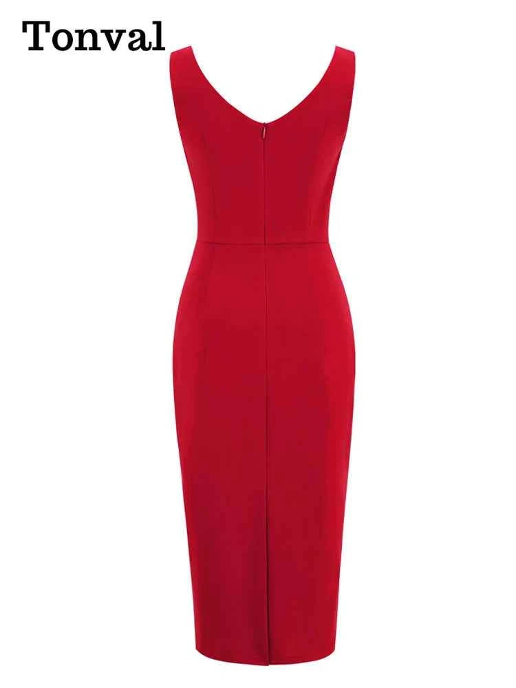 Tonval Sweetheart Neck Sleeveless Office Midi Pencil Dresses for Women 2023 Vintage Red Solid Elegant Slim Bodycon Dress
