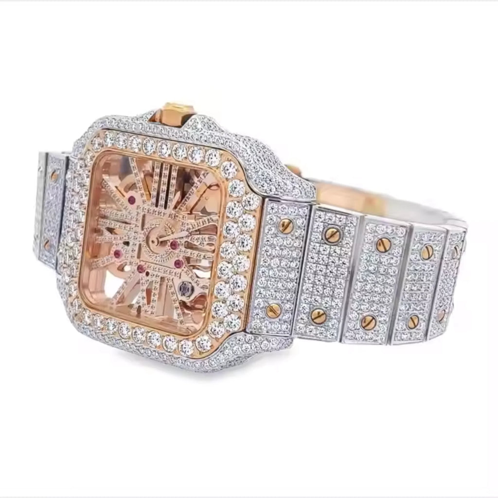 Men's Skeleton Dial Iced Moissanite ETA Quartz Movement Rose Gold Tone Diamond Studded Free Shipping Hip Hop Watch 41mm Diameter