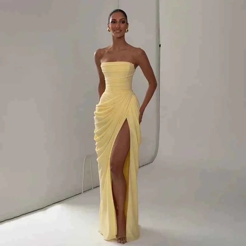 Women Sexy Solid Pleated Strapless Dress Lady Chic Off-shoulder Backless High Waist Split Dresses  Evening Party Gown 2026 New