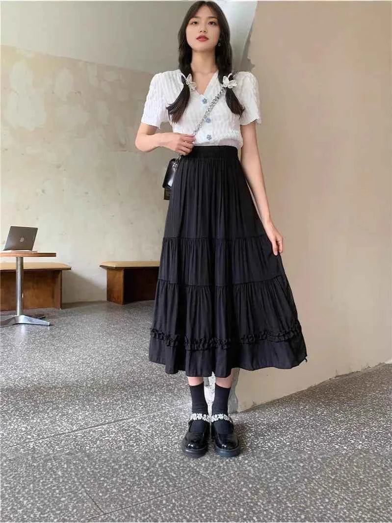 Matching Chic lady's white skirt sweet girls cake skirt elastic waist a line mid length flare skirt