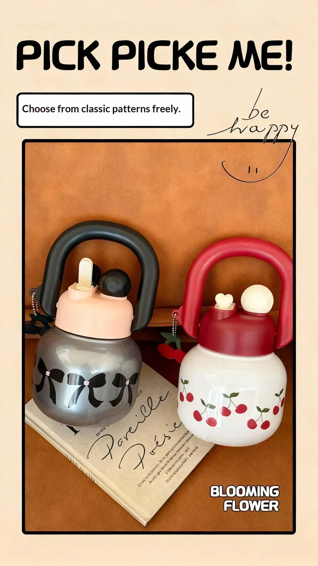 Cute Water Bottle with Decoration, Dual Straws Design, Anti-Lipstick Stain, Detachable Travel Strap Durable Plastic Material