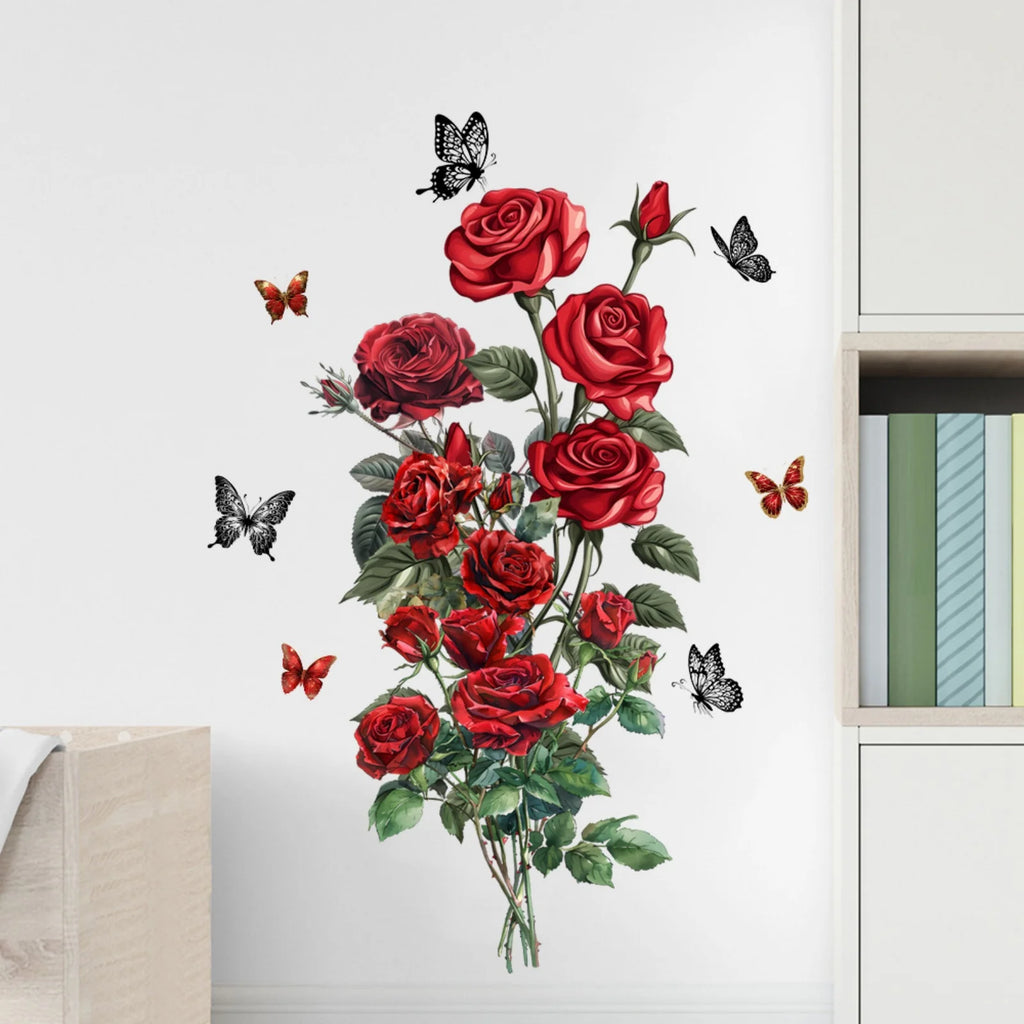 DIY Self-Adhesive Red Rose Wall Stickers For Living Rooms Bedroom Background Wall Decoration Creative Sticker Mural Home Decor