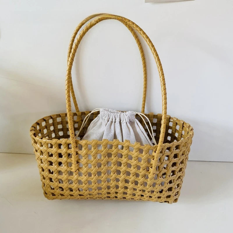 1pcs Plastic Hollow Weave Bag Countryside Style Large Capacity Beach Tote Bag Bucket Bag Bohemian Style Woman PVC Handbag Summer