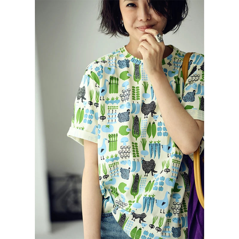 MICOCO T5310C Literary style fresh cartoon print loose crew neck short sleeve T-shirt women
