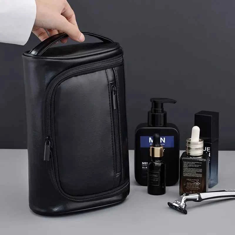 Large Capacity Men Leather Wash Bag Travel Business Trips Portable Cosmetic Bag Multi Pocket Design Handheld Leather Wash Bag LI