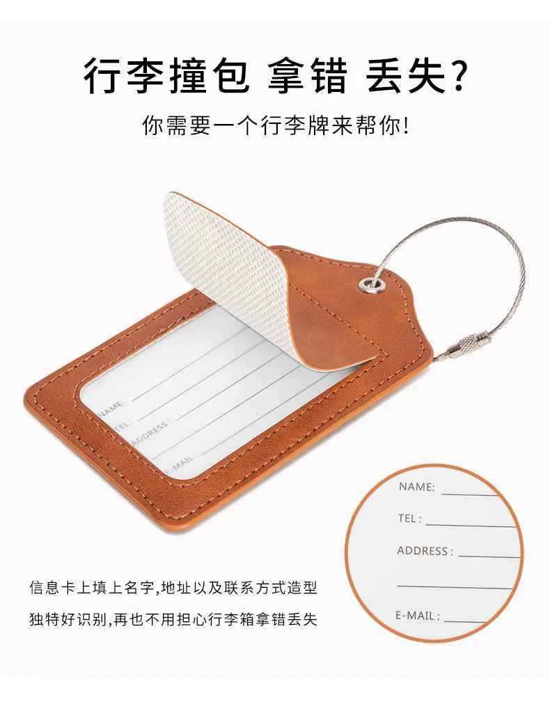 PU leather luggage tag with anti loss wire rope loop and built-in privacy protection cover, suitable for luggage and travel bags