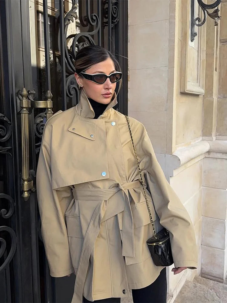 Cropped Lace-up Blue Casual Trench Coat Women Lapel Long Sleeve Wide Shoulder Windbreaker Jacket Fall Commute Daily Streetwear