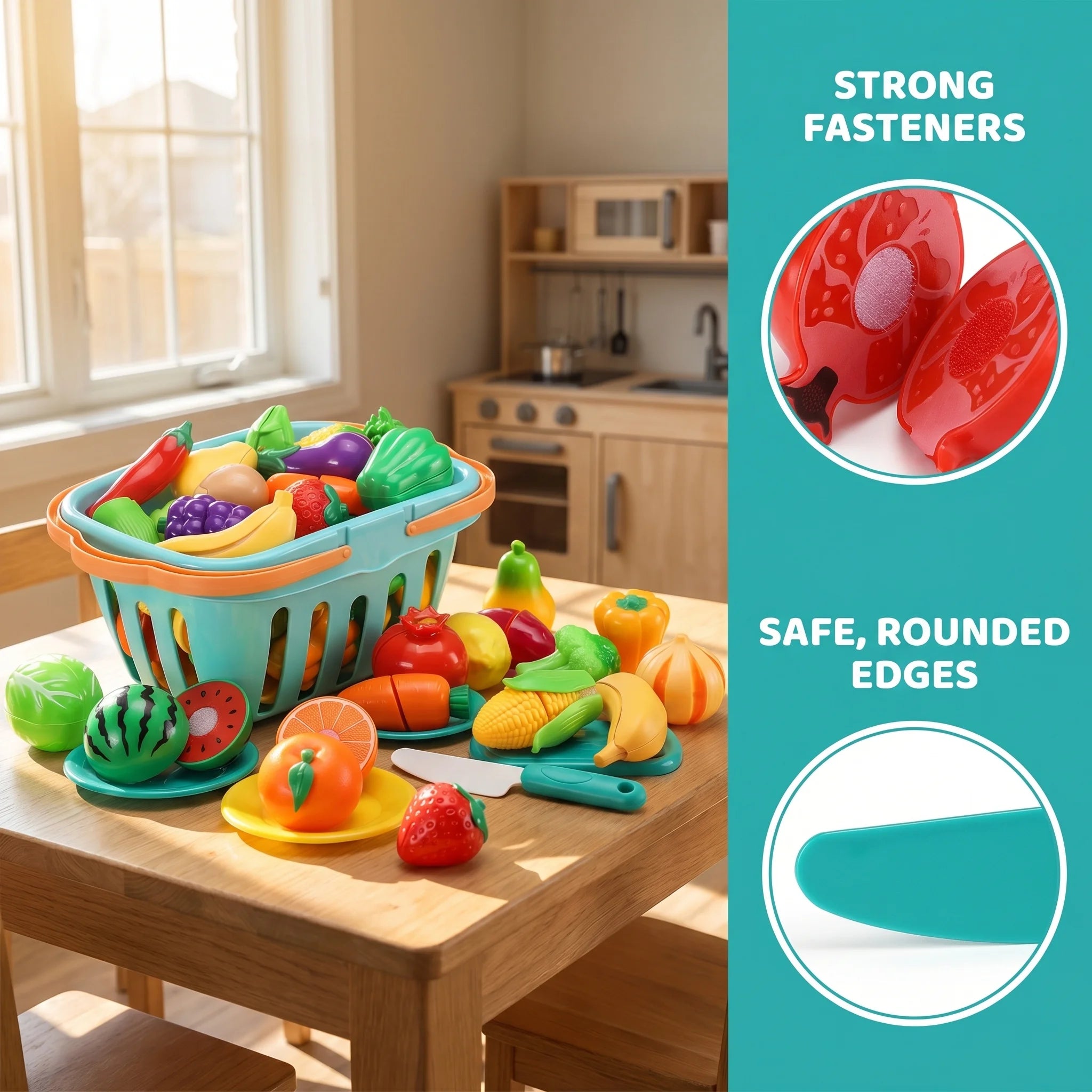 Kids Kitchen Pretend Play Food Toy Set with Cutting Features Random Fruit & Vegetable Accessories Storage Basket & Plastic Dishe