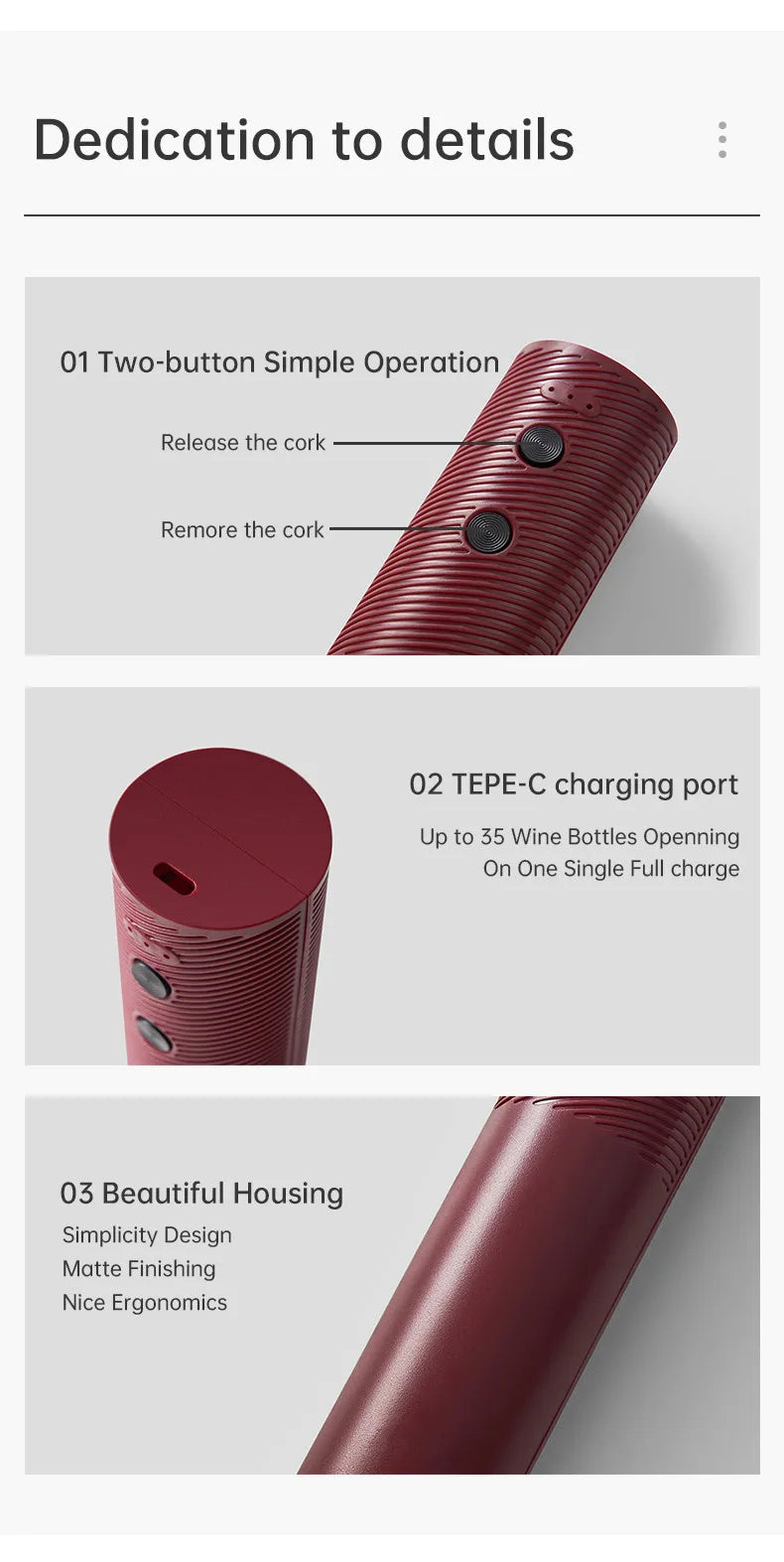 Electric Wine Bottle Opener Charged Automatic Reusable Easy Carry Red Wine Opener Gift for Waiter Women Home Kitchen Party Bar