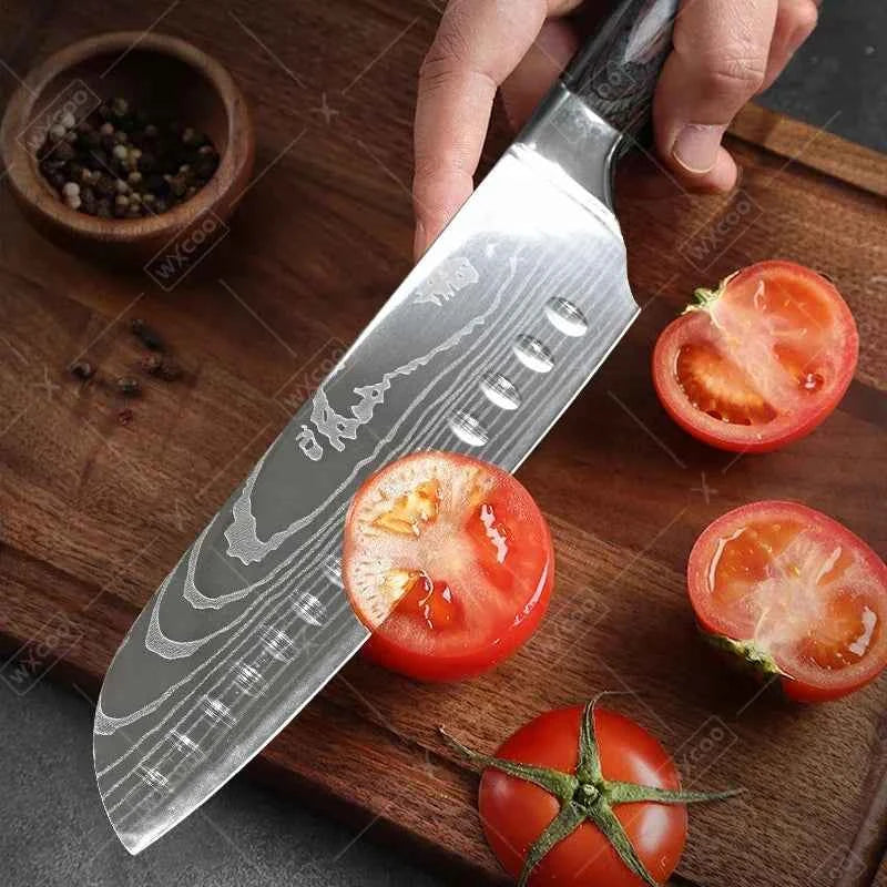 WXCOO Chef Knife Japanese Kitchen Knives Set Professional Laser Damascus Pattern Stainless Steel Meat Cleaver Slicer Knife