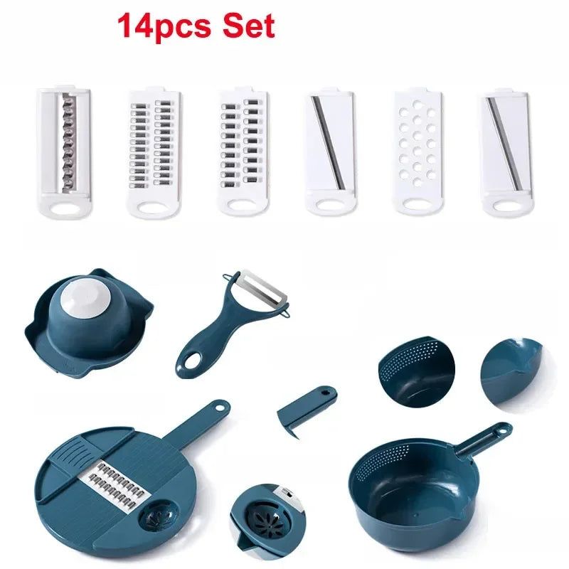 9 in 1 Multi-functional Vegetable Chopper Carrots Potatoes Manually Cut Shred Slicer Radish Grater with Container Kitchen Tools