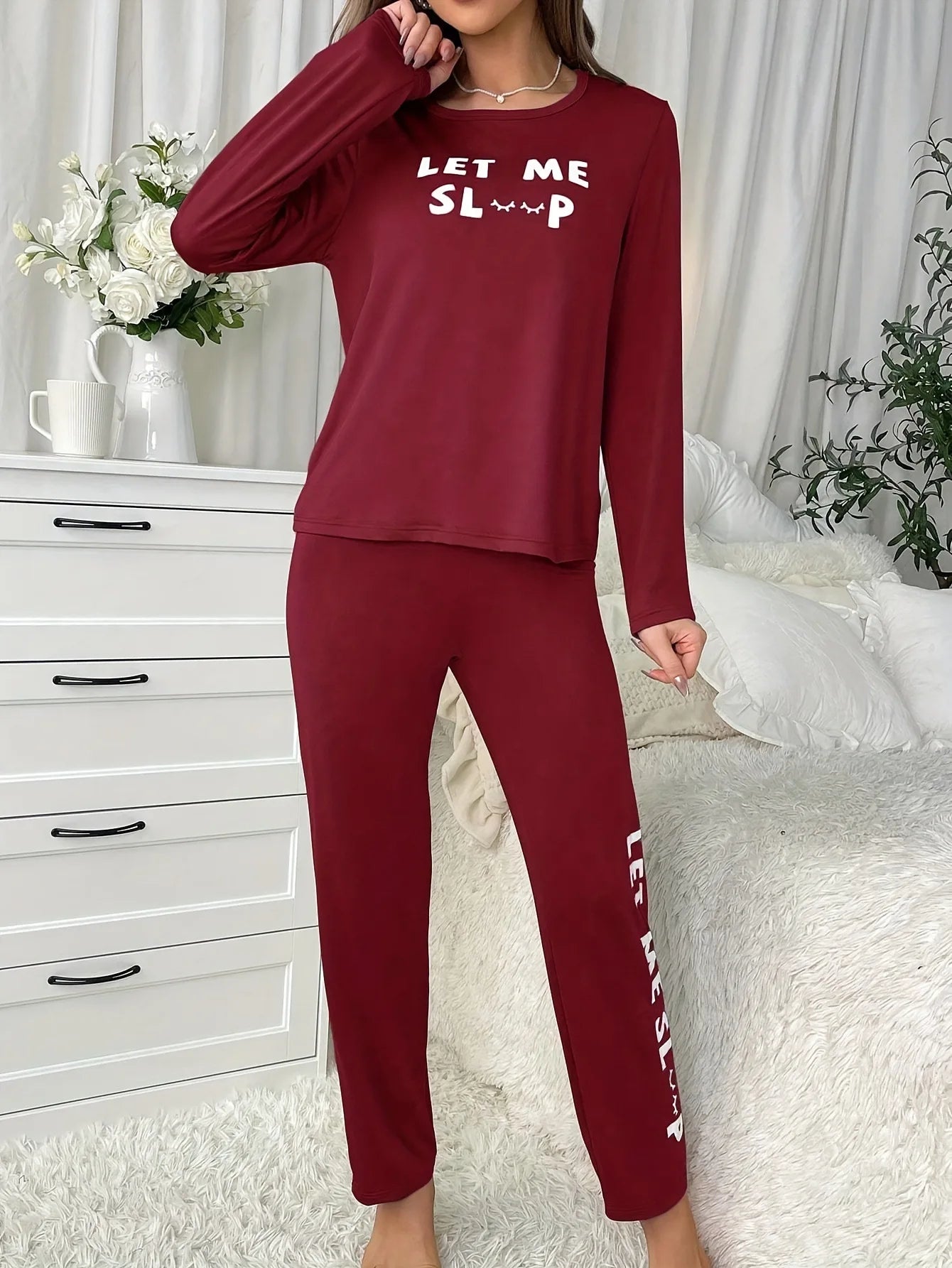 Women's Letters Print Pajamas Set Solid Simple Style Long Sleeve Crew Neck Top And Elastic Pants Trendy Women's Sleepwear