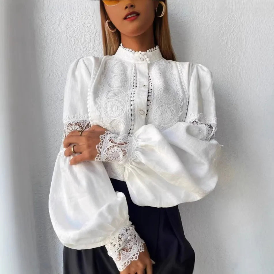 White Lace Blouses Women Elegant Solid Casual Lace and Button Hook Flower Hollow Puff Sleeves Blouse Top Lady Office Shirts