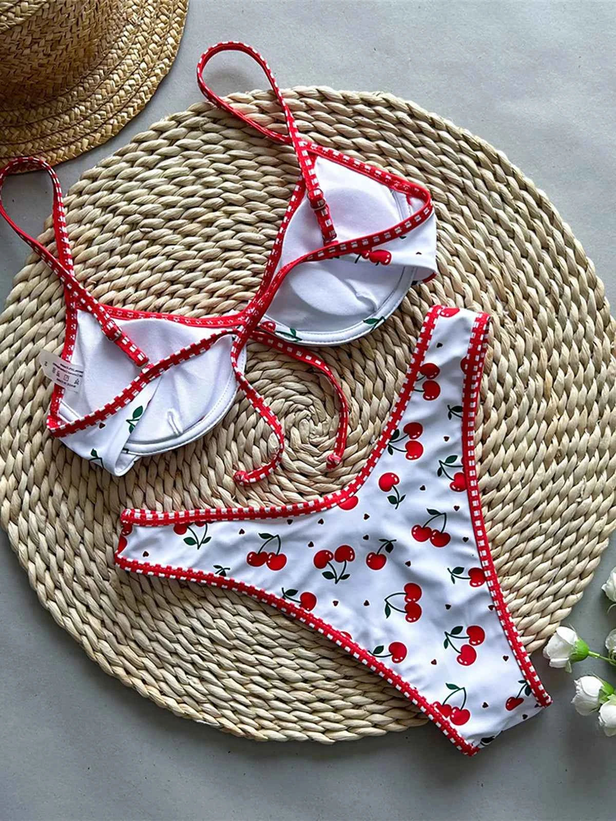 Cherry Printed Underwired Brazilian Bikini Women Swimwear Female Swimsuit Two-pieces Bikini set Bather Bathing Suit Swim K5913