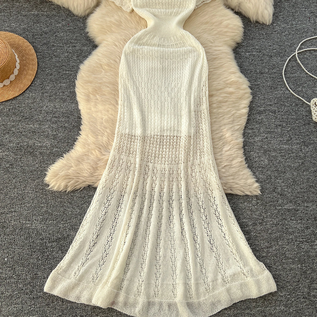 Women Hollow Knitted Dress Summer Flower Short Sleeved Fishtail Bodycon Dress with Camisole Dresses Vintage Party Long Robe