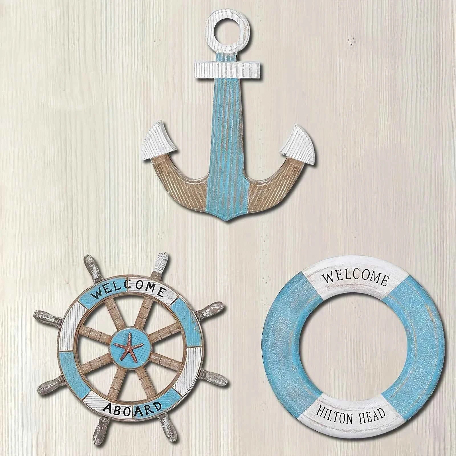 1 Set of Nautical-Themed Home Decor Wooden Anchors, Helms, and Lifebuoys Ocean-Themed Wall Hanging Decorations Indoor Nautical Decor Can Be Used for Wall Decoration at Outdoor Parties and Yard Gatherings