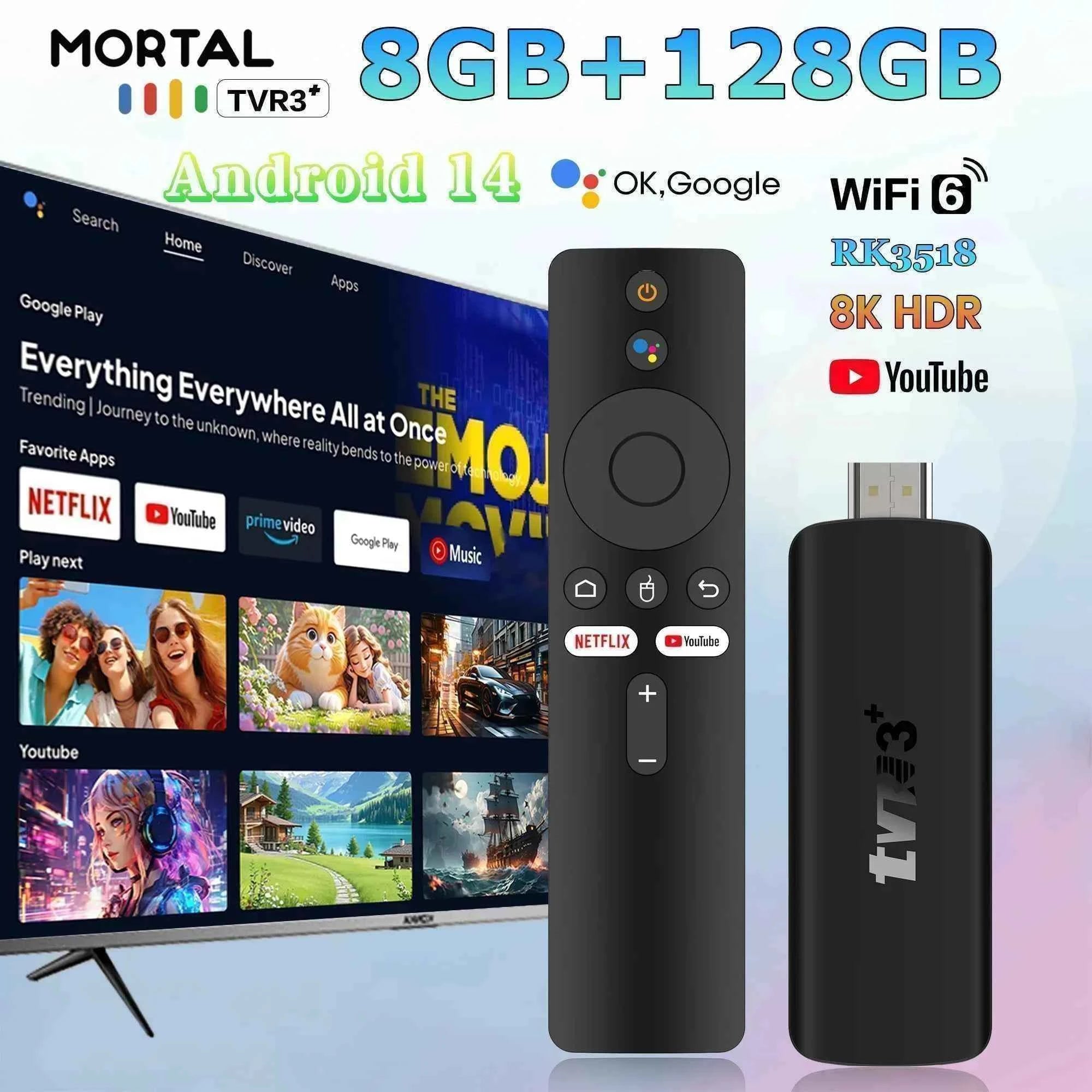 2026 TVR3+ Dual UI interface TV Stick 8K HD WIFI 6 Android 14.0 RK3518 Quad Core 8GB RAM 128GB ROM Home Theater Media Player