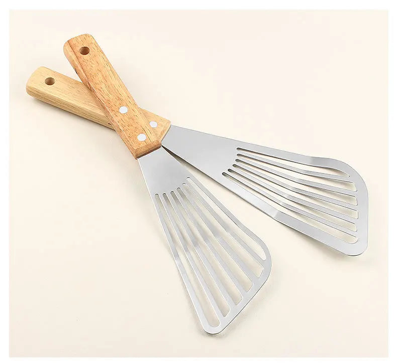 1PC Stainless Steel Fish Frying Shovel with Wooden Handle Fan-shaped Shovel Household High-temperature Frying Shovel