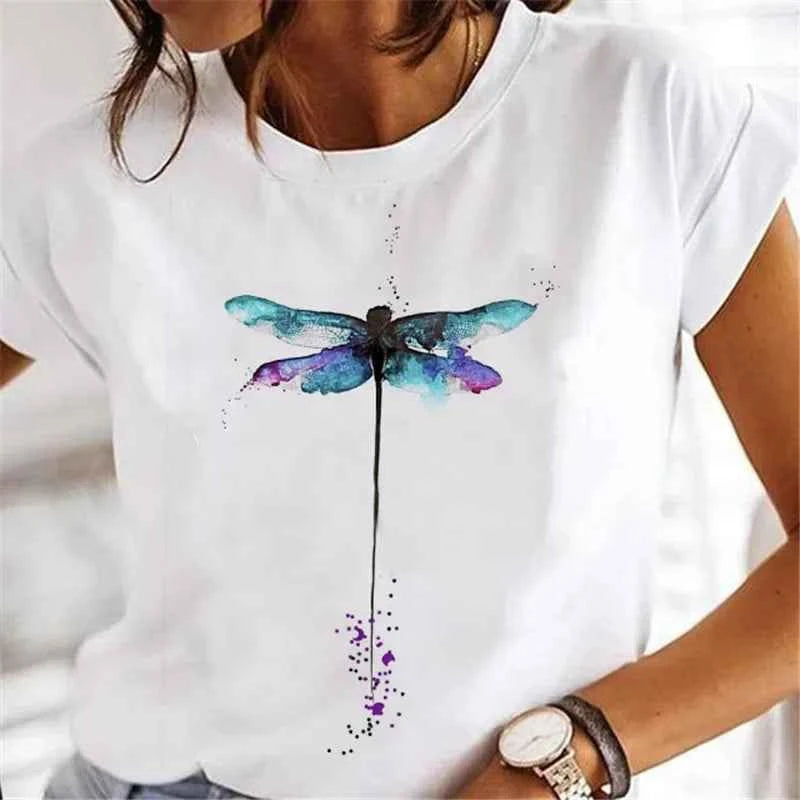 Women's Short-sleeved T-shirt Feather Fashion Print Instagram Base Shirt Women Clothes  Tops  Aesthetic Clothes Graphic T Shirts
