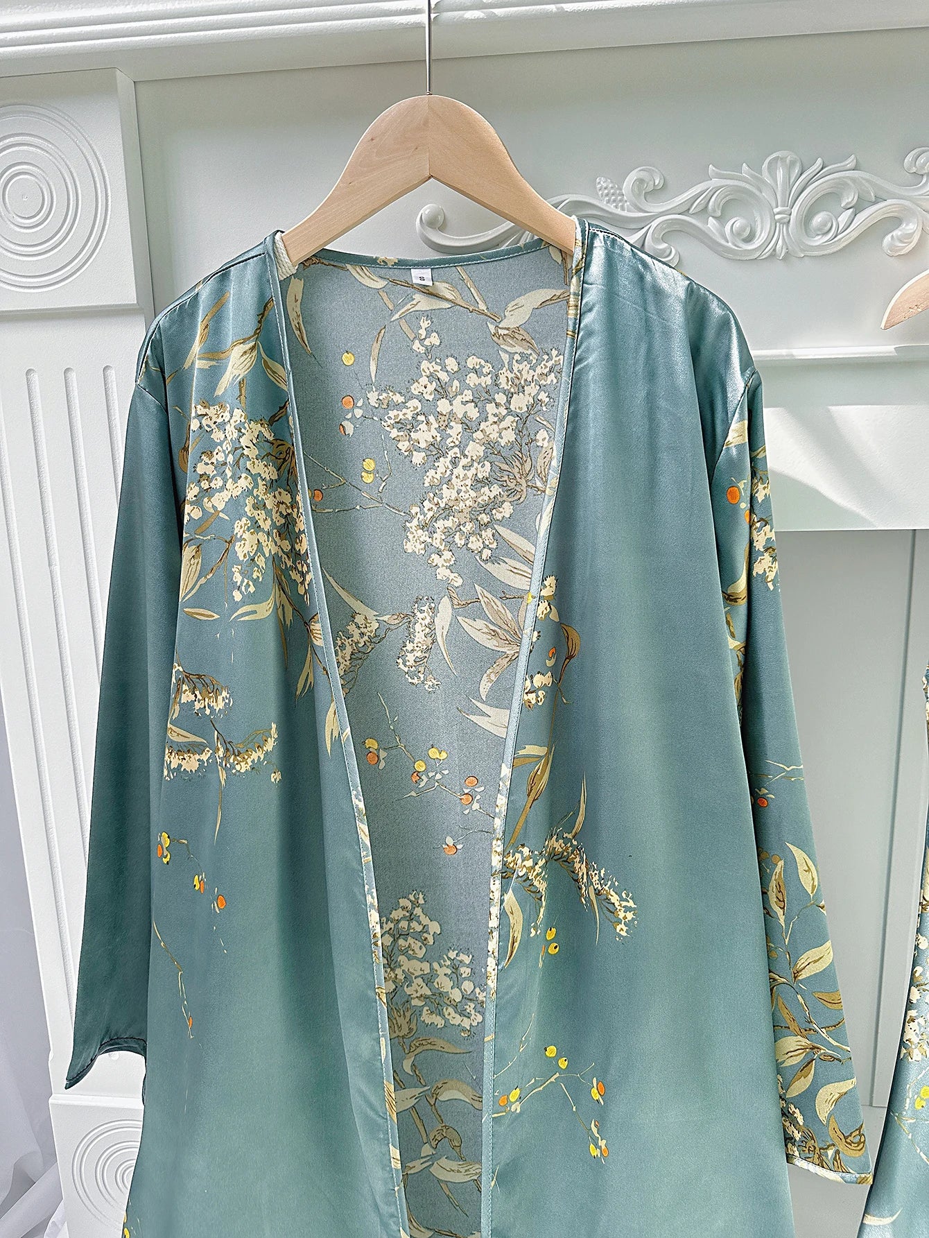 Floral Print Pajama Set Long Sleeve Robe With Belt   V Neck Slip Dress  Women's Sleepwear  Loungewear