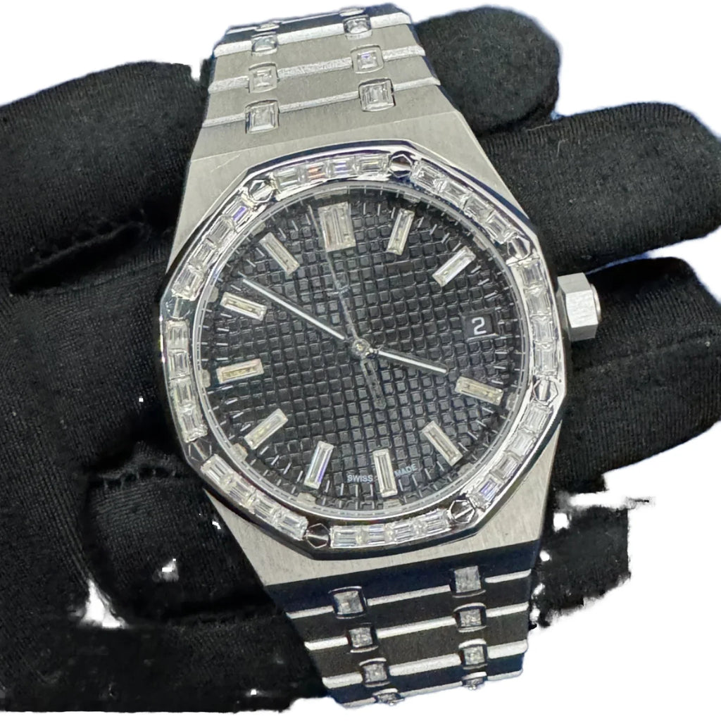 Luxury Simple Alloy Quartz Movement Men Stainless Steel Band Glass 20mm Moissanite Diamonds Hip Hop Fashion Analog Watch