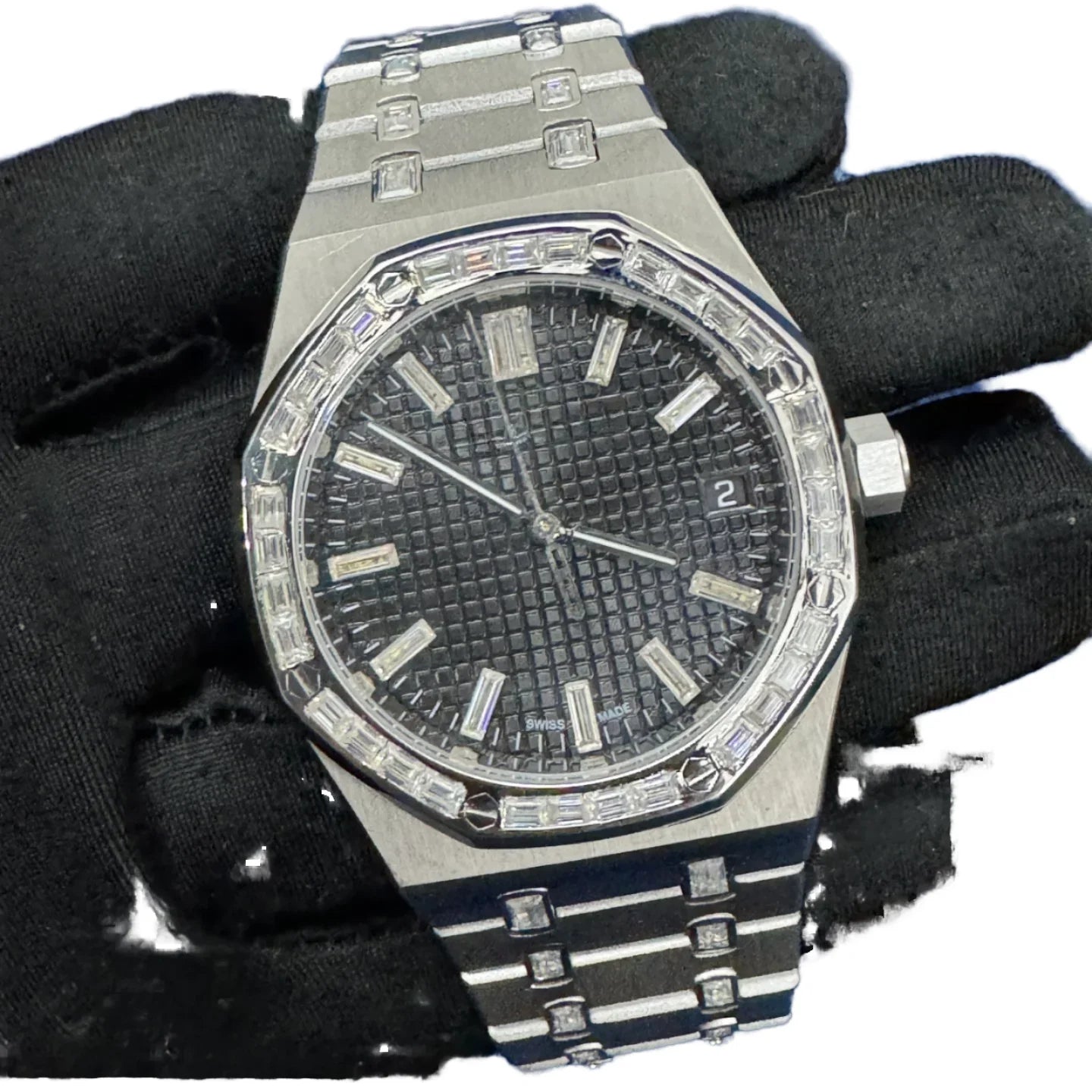 Luxury Simple Alloy Quartz Movement Men Stainless Steel Band Glass 20mm Moissanite Diamonds Hip Hop Fashion Analog Watch