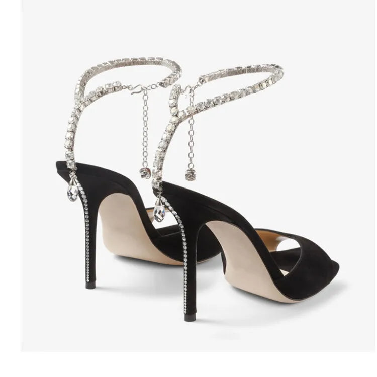 Colorful Chain Water Diamond Sandals Brand Walk Show Fish Mouth Evening Dress Elegant High Heels 2023 New Pendant Women's Shoes