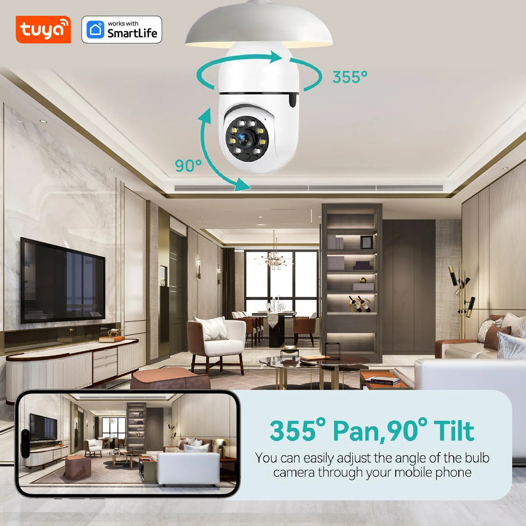 Tuya Smart E27 Security Camera 2.4G 3MP HD for Home,Baby/Elder/Pet Camera 100-240V W/Phone App,Color Night Vision 2-Way Audio