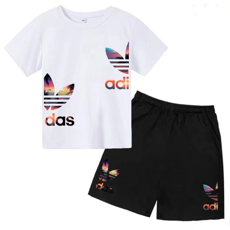 Kids T-shirt Set Colorful Letter Print Boys Girls 3-12Yrs Gift Short-sleeved+shorts 2P Round Neck Sports Casual Charming Clothes