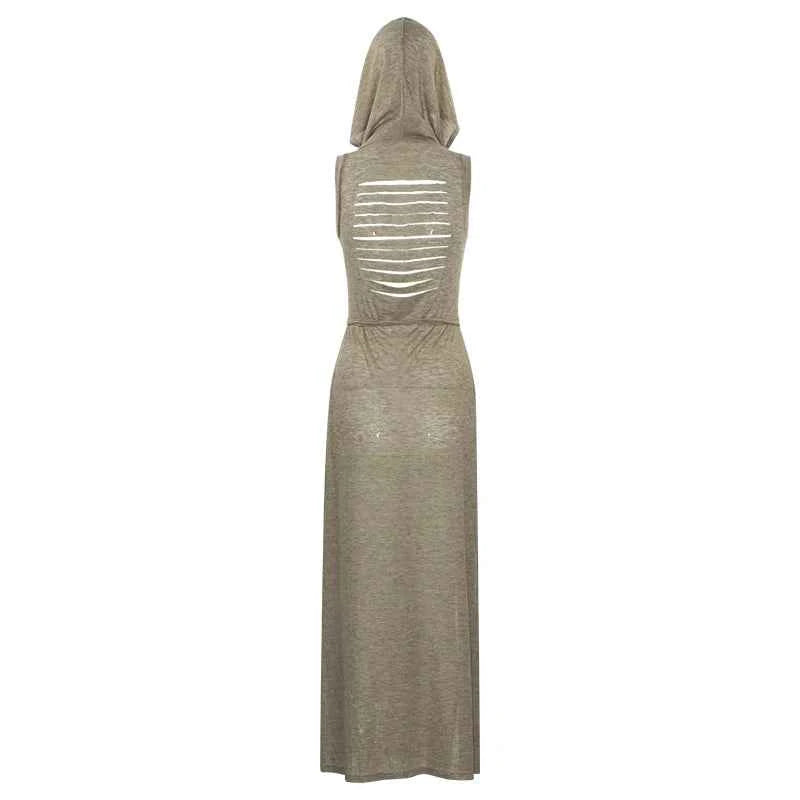 Summer 2023 Sexy European And American Style Sleeveless Hooded Dress Long Split Hollow out Pure Color Women's Gown