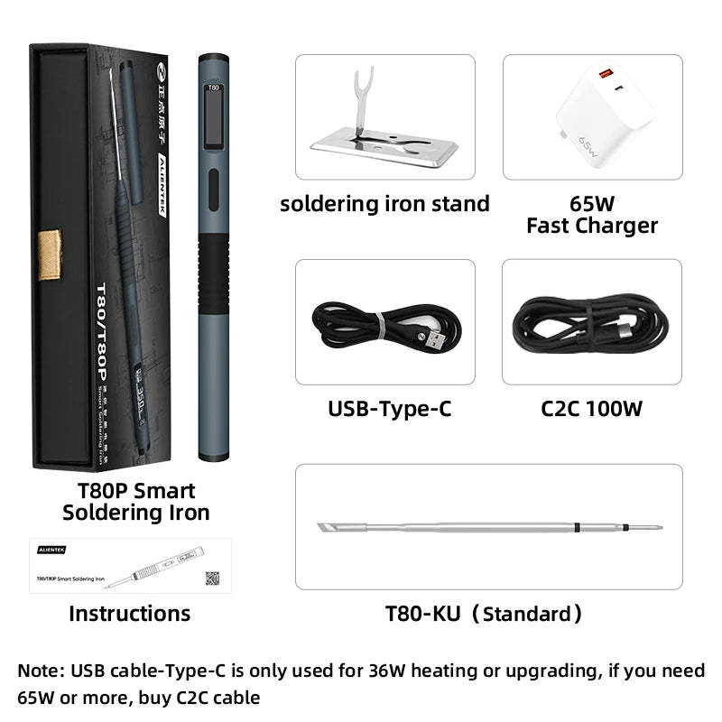 ALIENTEK T80/T80P Soldering Iron Adjustable Temperature 100W Fast Heat Portable Digital Smart Electric Welding Station Kit C245