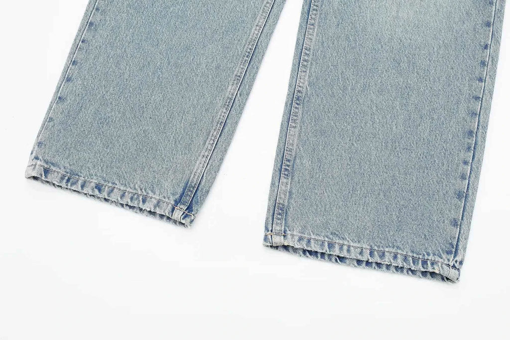 HH 2024 Women's Street Fashion Denim Blue Jeans Distressed Patchwork High Waist Zipper Fly Ripped Retro Long Pants