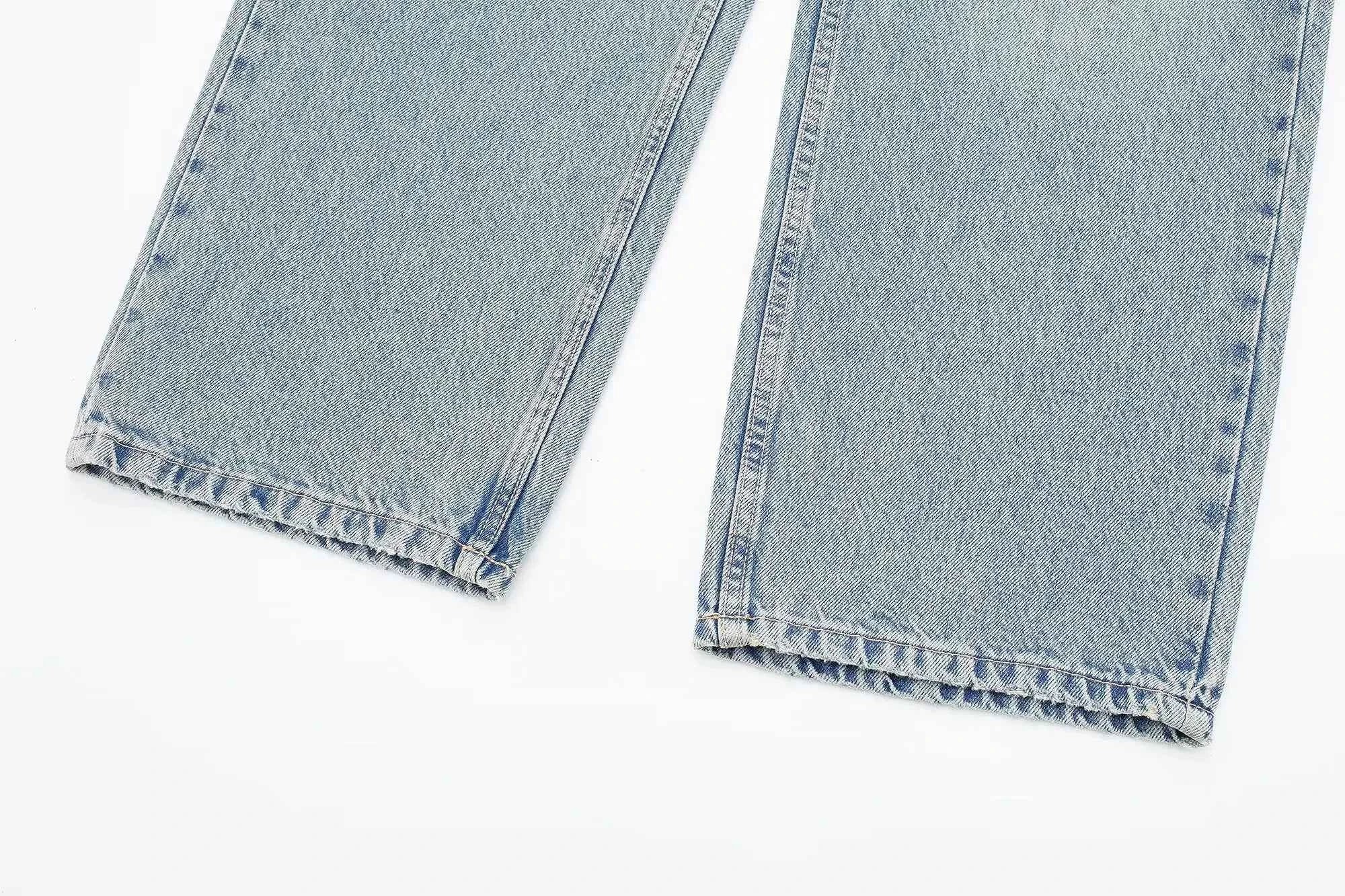 HH 2024 Women's Street Fashion Denim Blue Jeans Distressed Patchwork High Waist Zipper Fly Ripped Retro Long Pants