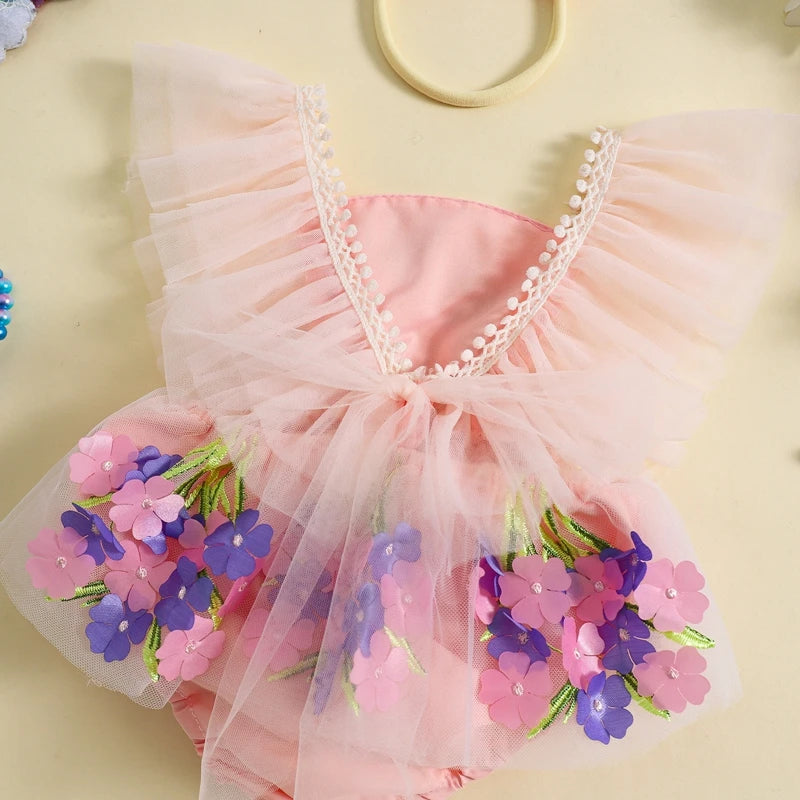 Baby Girl Princess Romper Dress Cute Summer Ruffle Sleeveless 3D Flower Tulle Tutu Rompers with Headband 2Pieces Infants Outfits