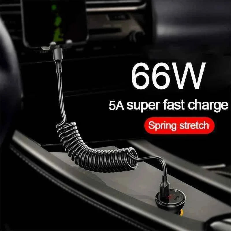 66W & LIGHTNING PD Fast Charging Type C to Type C Spring Telescopic Cable For iPhone 15 14 Samsung Xiaomi OnePlusCar USB Type C