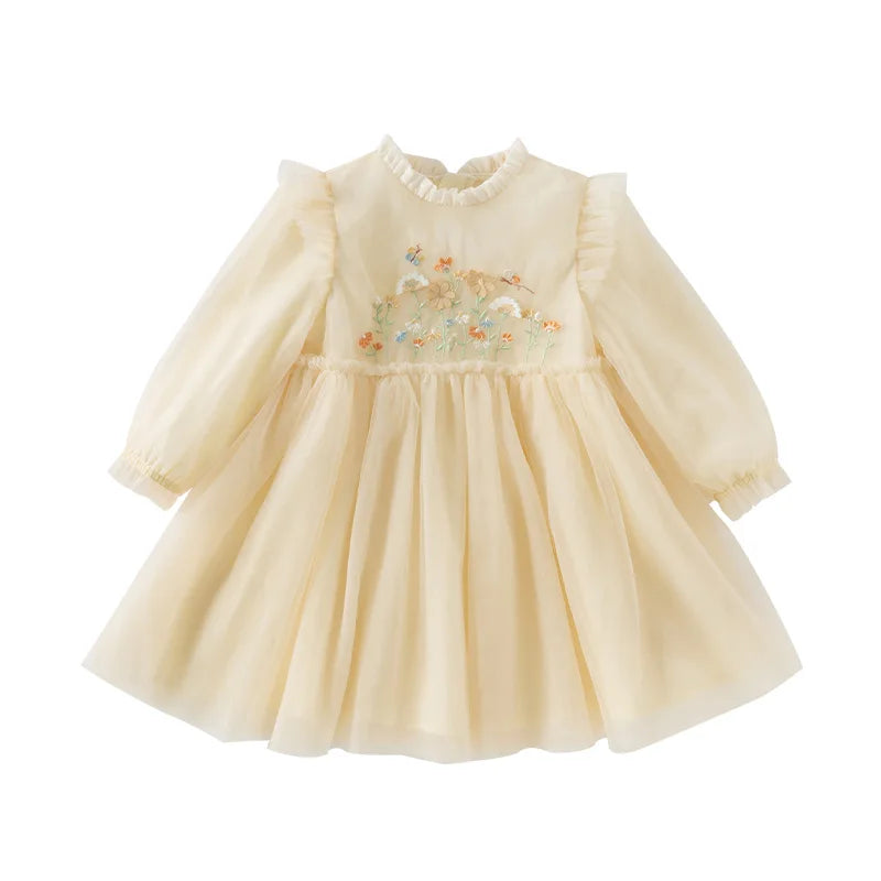 Dave Bella Princess Dress for Girls Baby Children 2025 Spring Long Sleeved Charm Mesh Embroidery Floral Gentle Cute DB1250434
