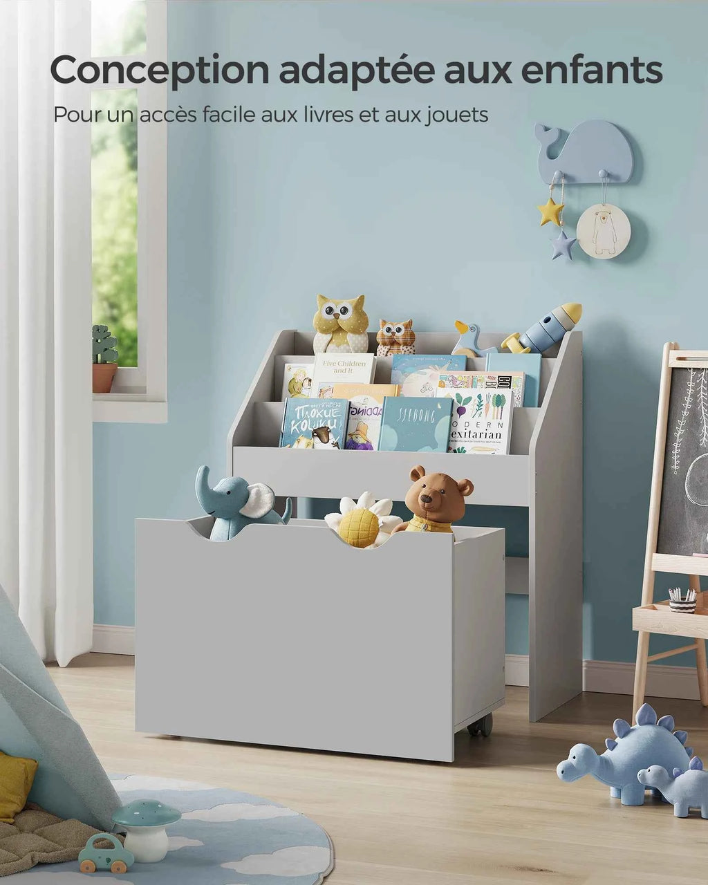 SONGMICS Kids Bookshelf and Toy Organiser, Toy Storage Chest and Bookcase with 3 Shelves, Storage Box with Wheels, Multipurpose