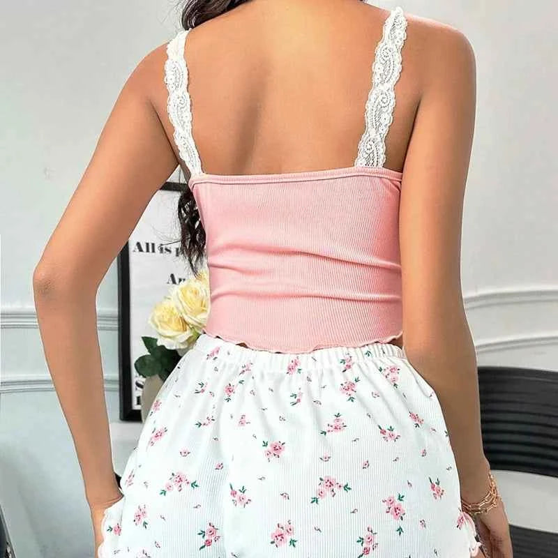Sexy Strap Pajama Set For Women Solid Lace Trim Cami Top And Floral Print Shorts With Bow For Summer Sleepwear And Loungewear