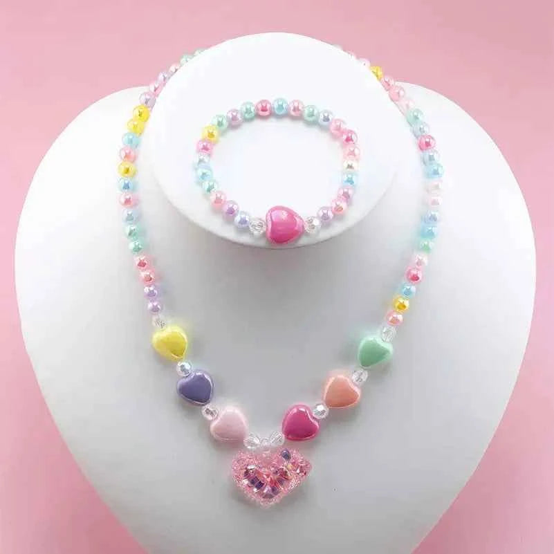 2pcs Colorful Cartoon Unicorn Flower Animal Child Sweater Necklace Bracelet Girl's Gifts Children's Jewelry Kids Toys