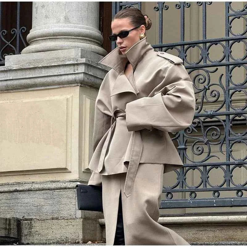 Cropped Lace-up Blue Casual Trench Coat Women Lapel Long Sleeve Wide Shoulder Windbreaker Jacket Fall Commute Daily Streetwear