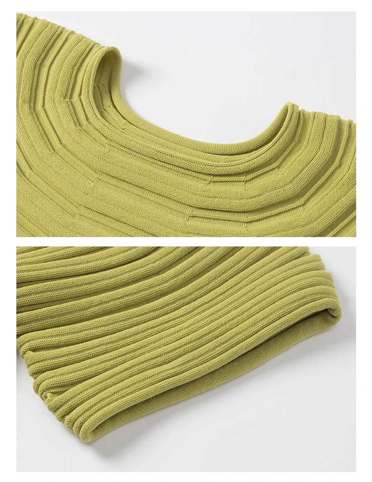 LANMREM Casual Pleated Texture Round Neck Half Sleeve Thick Wome's T-shirt Chic New Knitwear Fashion Pullover Top Chic 2DB5036