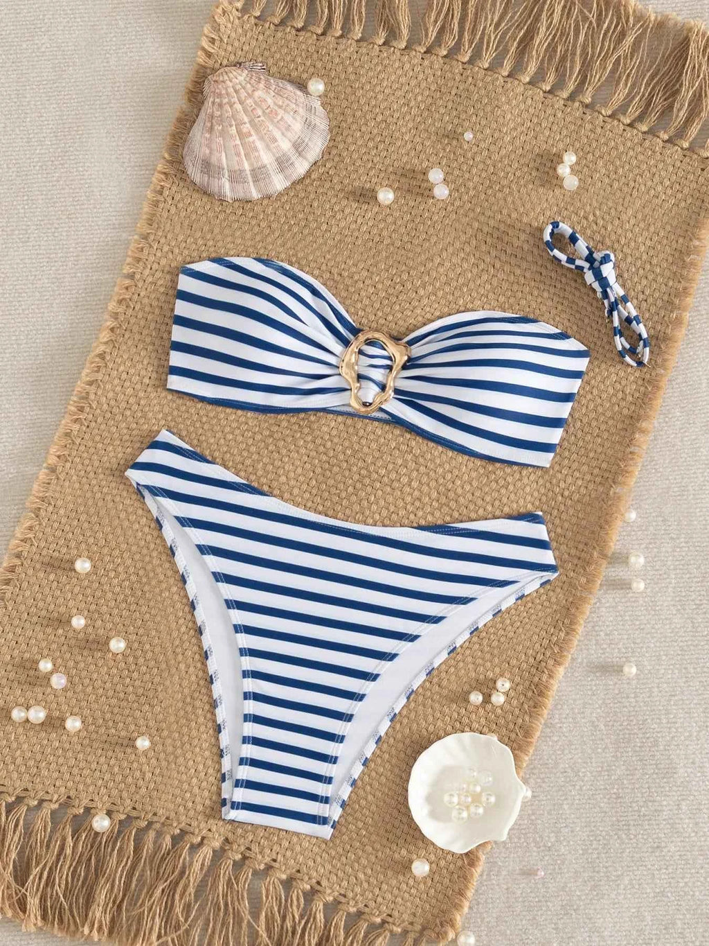 Sexy Blue Striped Micro Bikini 2026 Women Bandeau Front Metal Circle Push Up Bra High Waist Swimsuit Beach Bathing Suit Swimwear