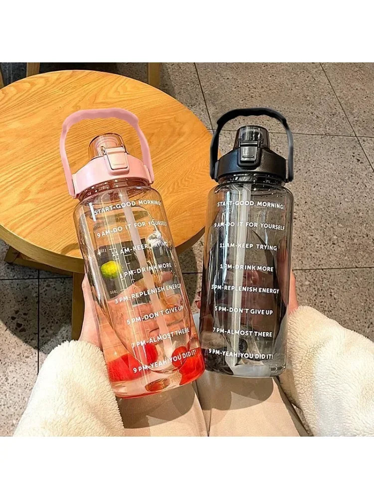 2-liter plastic water bottle, straw sports fitness cup, large portable travel water bottle