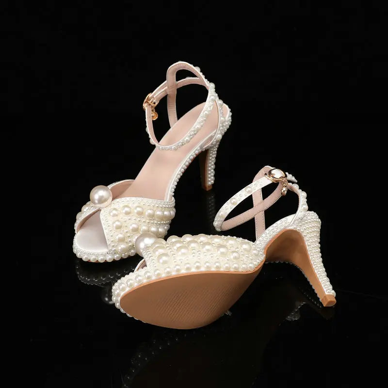 2025 Autumn New Fish Mouth High Heels Waterproof Platform Shallow Mouth 8.5cm Pearl Women'S Single Shoes Bride Wedding Shoes