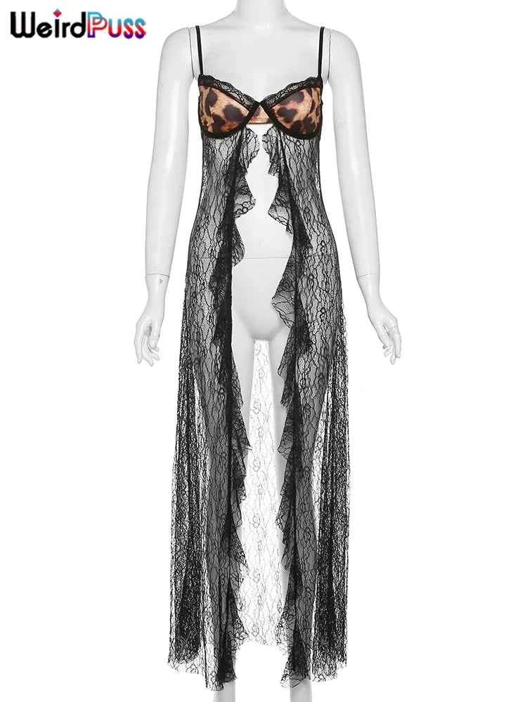 Weird Puss Backless Sexy Women Camisole Leopard Mesh Patchwork Ruffles Sexy Club Party Midnight Hot Girls Wild Coquette Maxi Top
