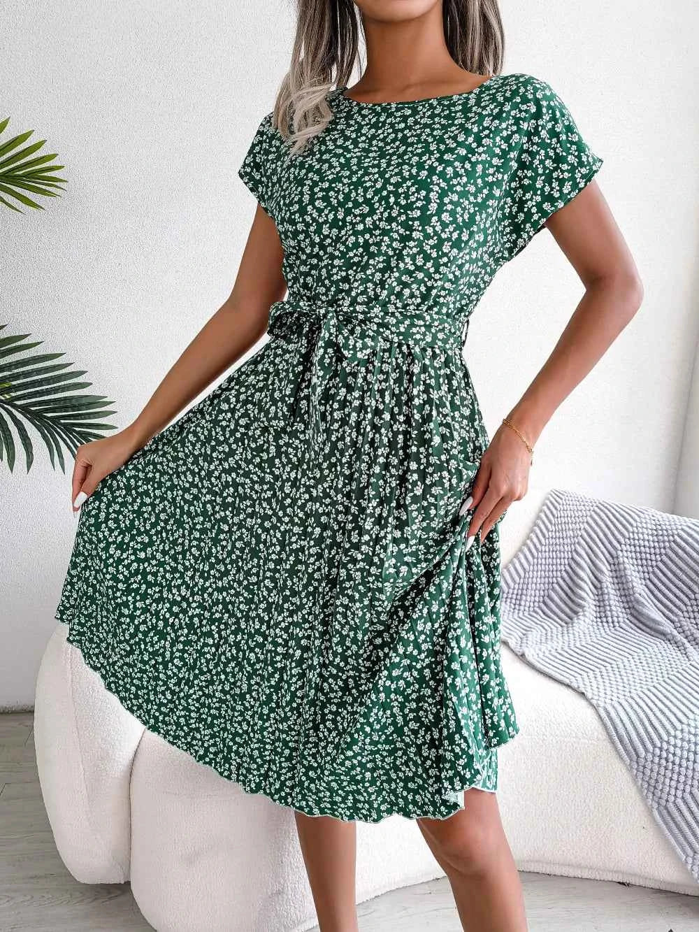 Ficusrong Fashion Floral Pleated A Line Long Dress Women Spring Summer Short Sleeve High Waist Chic Dress